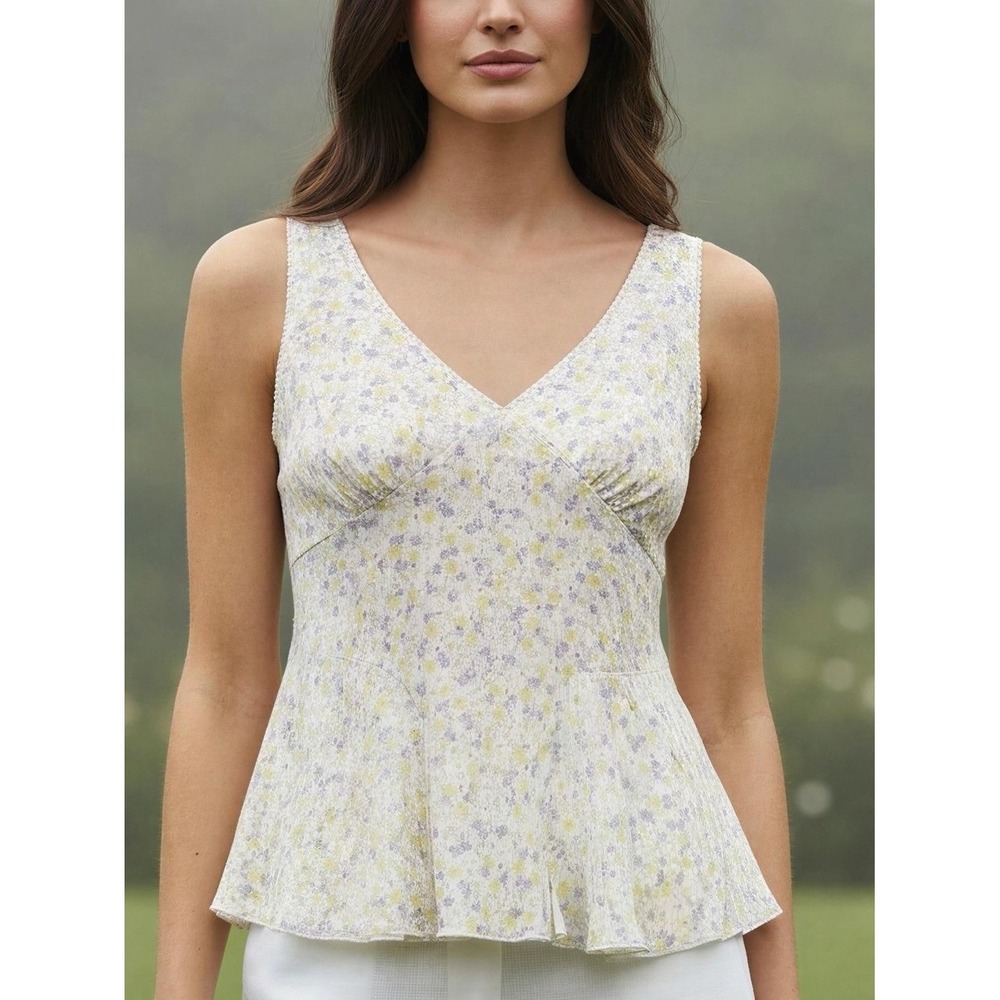 La Peche Floral V-Neck Peplum Camisole Top Lavender Yellow Size Large NWT‎